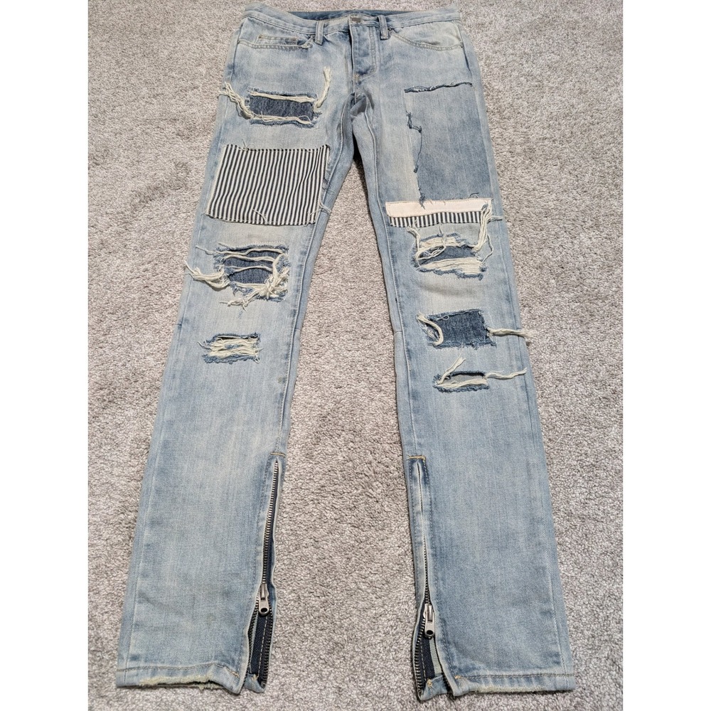 MNML Jeans Mens 31 Light Blue Distressed Patchwork Slim Fit Ankle Zip Streetwear